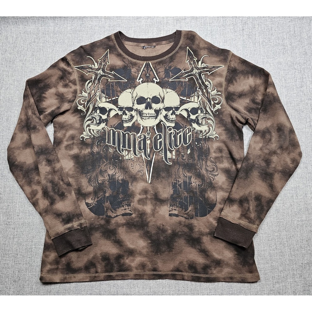 MMA Elite Thermal Shirt Mens Large Brown Long Sleeve Waffle Tie Dye Skull Tee